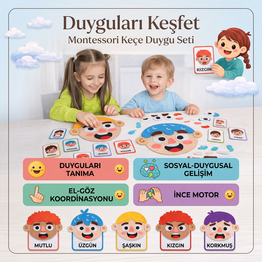 Duygular Öğreten Yüz Değiştiren Keçe Oyuncak | Çift Yüzlü Montessori Eğitim Set