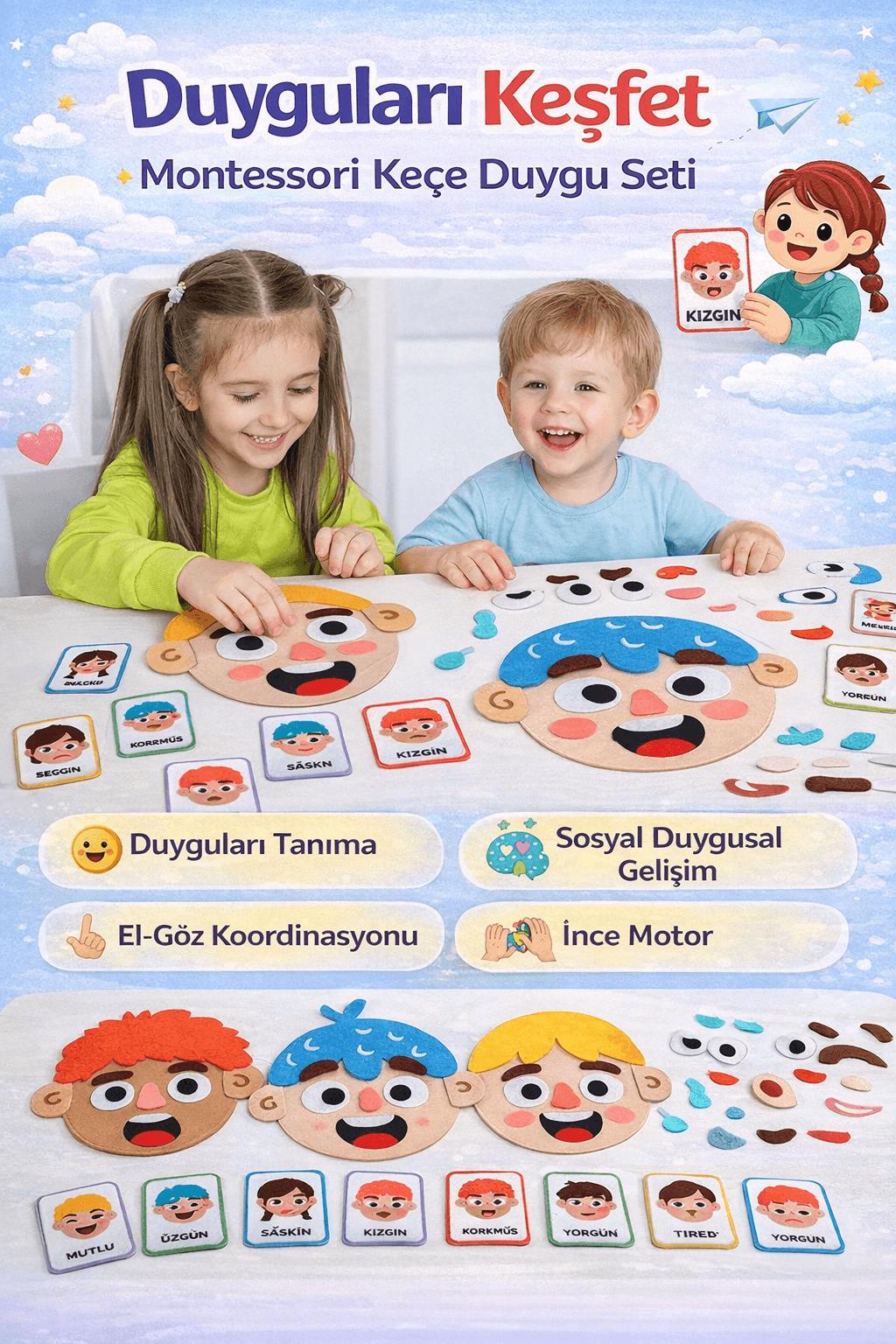 Duygular Öğreten Yüz Değiştiren Keçe Oyuncak | Çift Yüzlü Montessori Eğitim Set