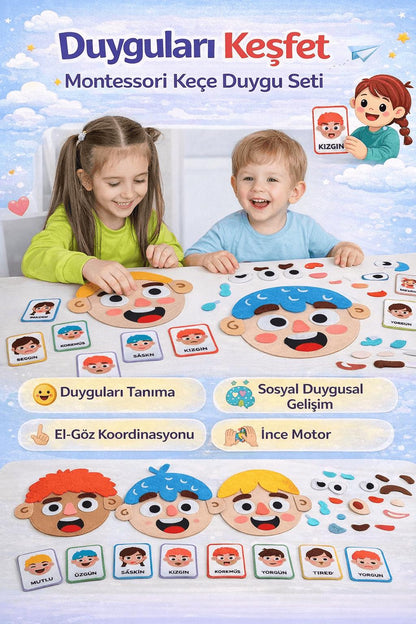 Duygular Öğreten Yüz Değiştiren Keçe Oyuncak | Çift Yüzlü Montessori Eğitim Set