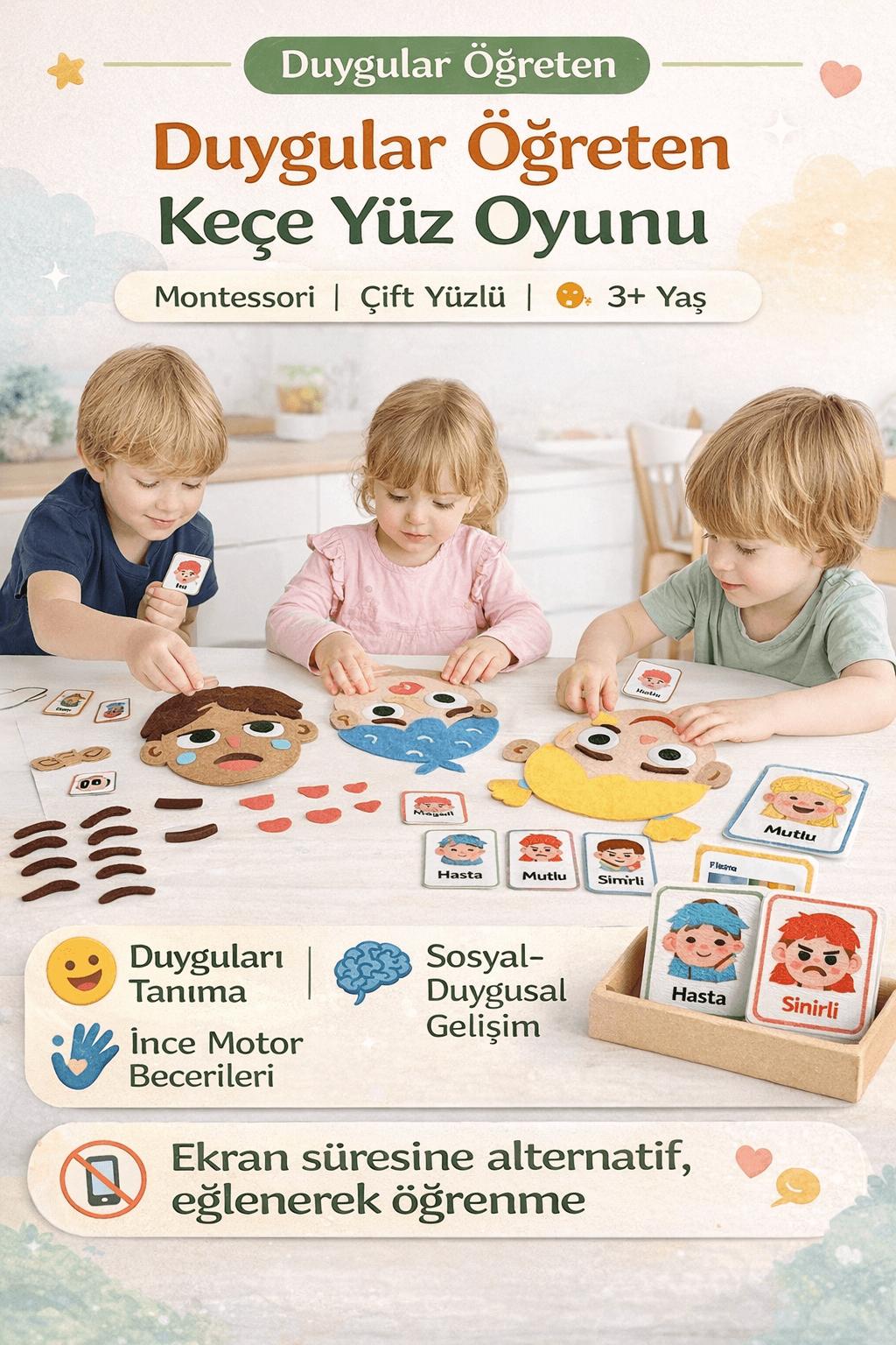 Duygular Öğreten Yüz Değiştiren Keçe Oyuncak | Çift Yüzlü Montessori Eğitim Set